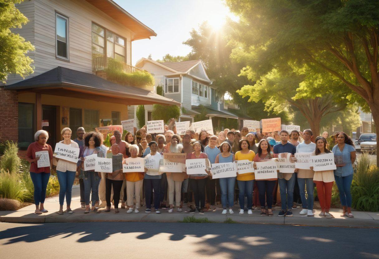 A diverse group of community members of different ages and backgrounds united together, holding signs advocating for social justice. In the background, a vibrant neighborhood filled with accessible ramps and greenery symbolizes inclusivity. Warm sunlight casts a hopeful glow over the scene. super-realistic. vibrant colors. 3D.