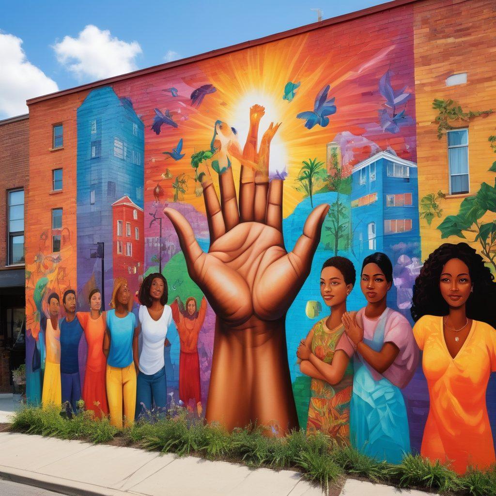 A colorful mural depicting diverse community members collaborating, showcasing unity and inclusivity. In the background, symbols of social justice like scales of justice and open hands. A vibrant cityscape intertwined with nature, implying a harmonious blend of urban and organic elements. Bright colors and expressive faces to evoke emotions of empowerment and togetherness. super-realistic. vibrant colors. community art style.