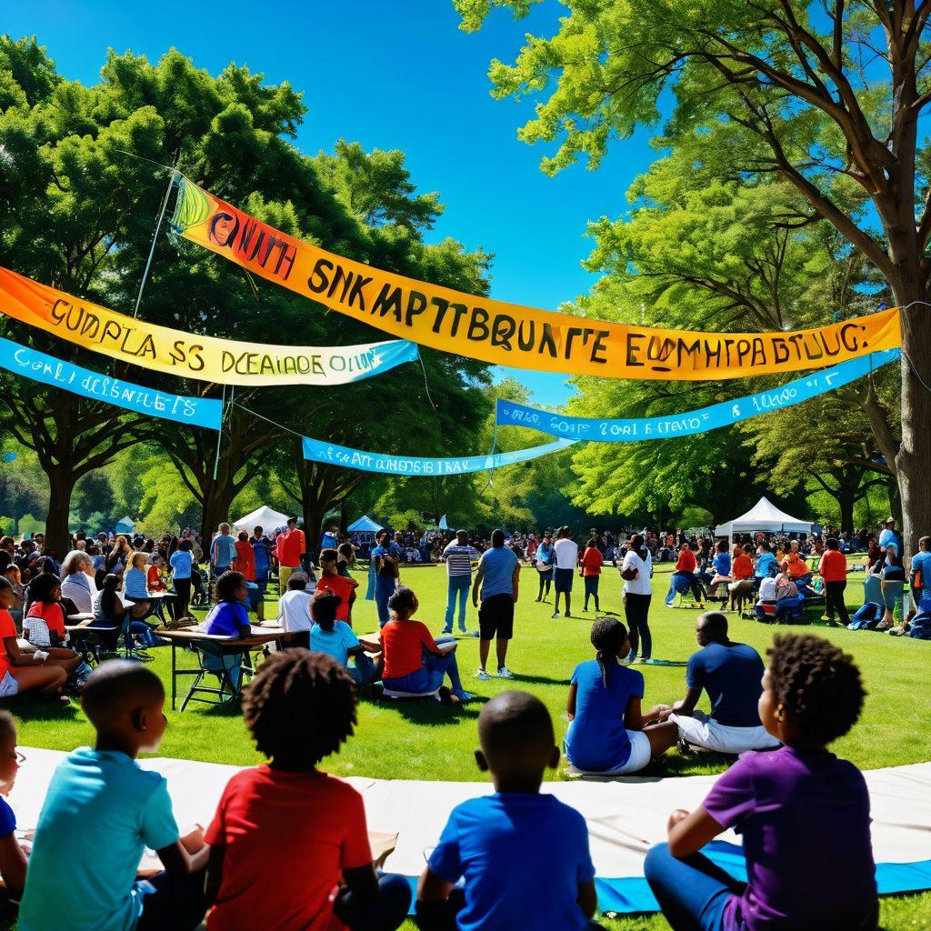 A vibrant community gathering showcasing people of diverse backgrounds, collaborating and sharing ideas in a lush park under a bright blue sky. The scene includes colorful banners promoting empowerment and equity, with children playing and adults engaged in discussions, symbolizing unity and strength. Super-realistic. Vibrant colors. High contrast.